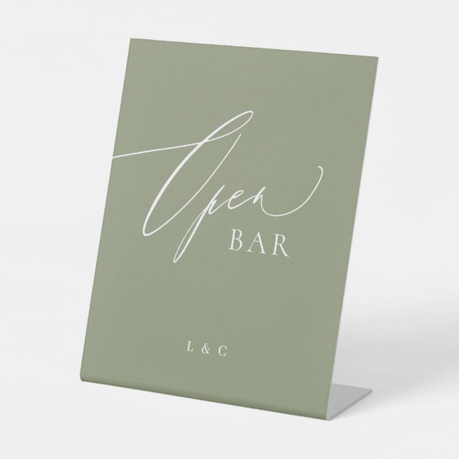 Sage Green Calligraphy Wedding Open Bar Pedestal Sign (Front)