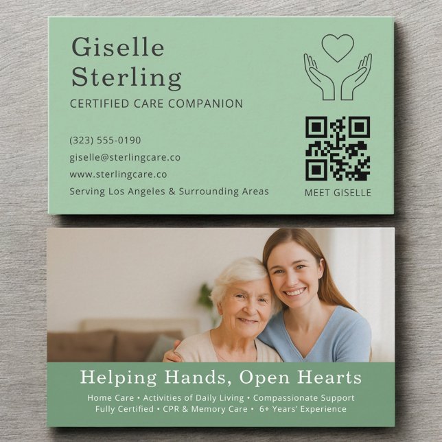 Sage Green Caregiver Home Help QR Code Photo Business Card (Creator Uploaded)