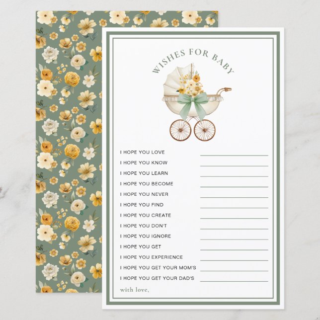 Sage Green Carriage Wishes for Baby Card (Front/Back)