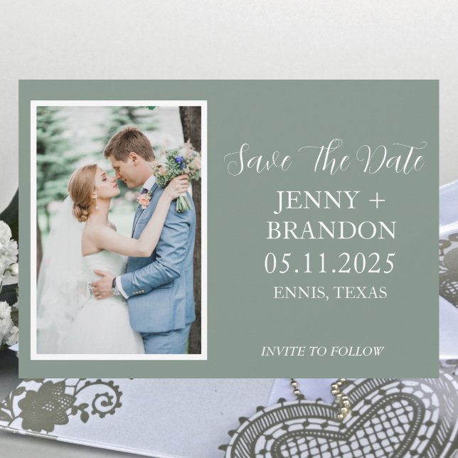 Sage Green Casual Script Photo Romantic Save The Date (Creator Uploaded)