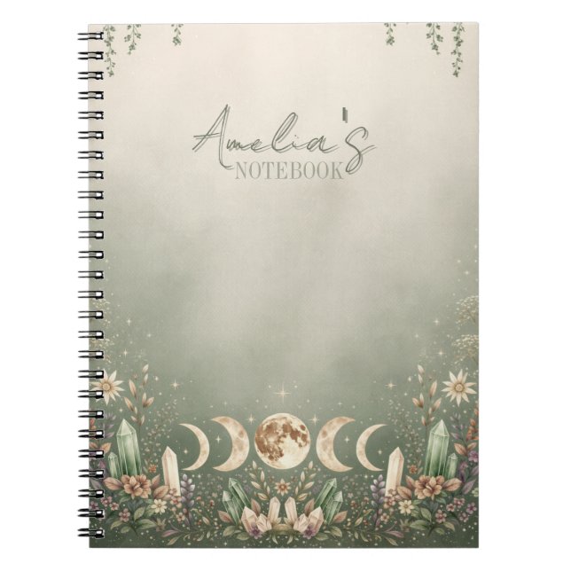 Sage Green Celestial Moon Phase Notebook Journal (Front)