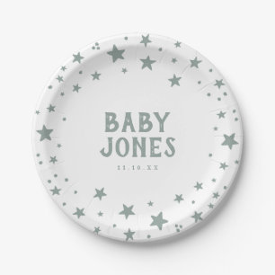 Sage Green Celestial Stars Baby Shower Paper Plate