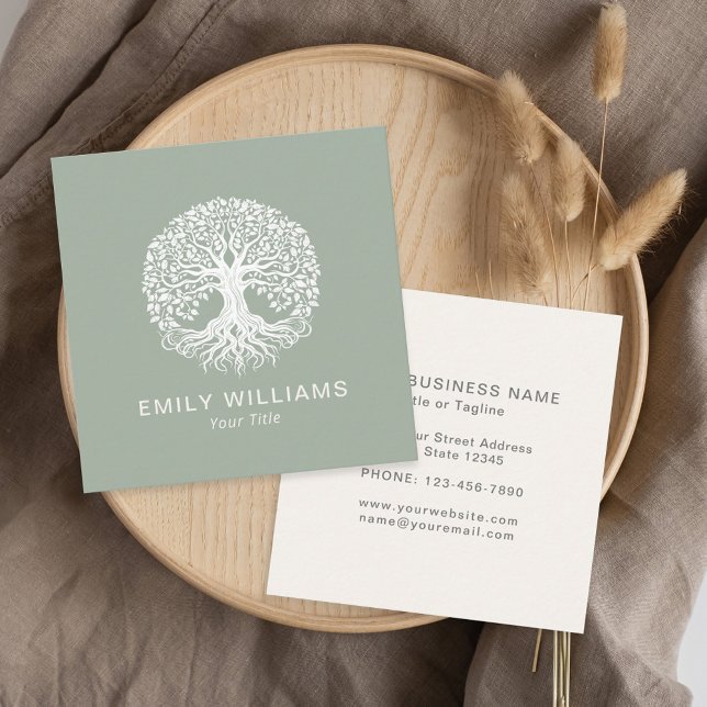 Sage Green Celtic Tree of Life Spiritual Square Business Card (Creator Uploaded)