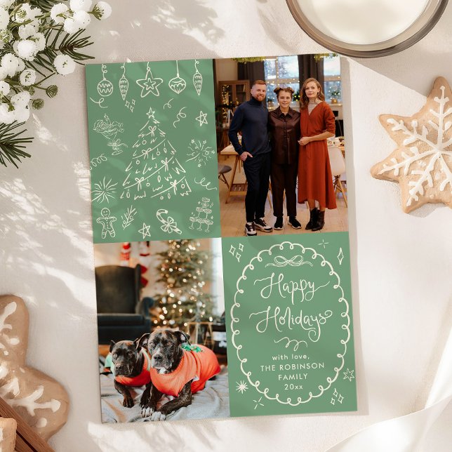 Sage Green Chalk Hand Drawn Happy Holidays 2 Photo Holiday Card (Creator Uploaded)