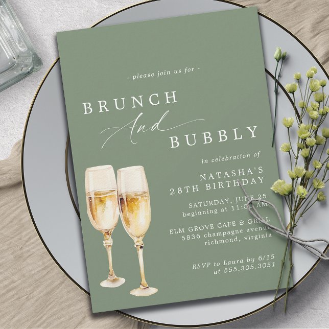 Sage Green | Champagne Birthday Brunch & Bubbly Invitation (Creator Uploaded)