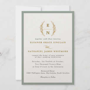 Sage Green & Champagne Gold Monogram Wedding Invitation