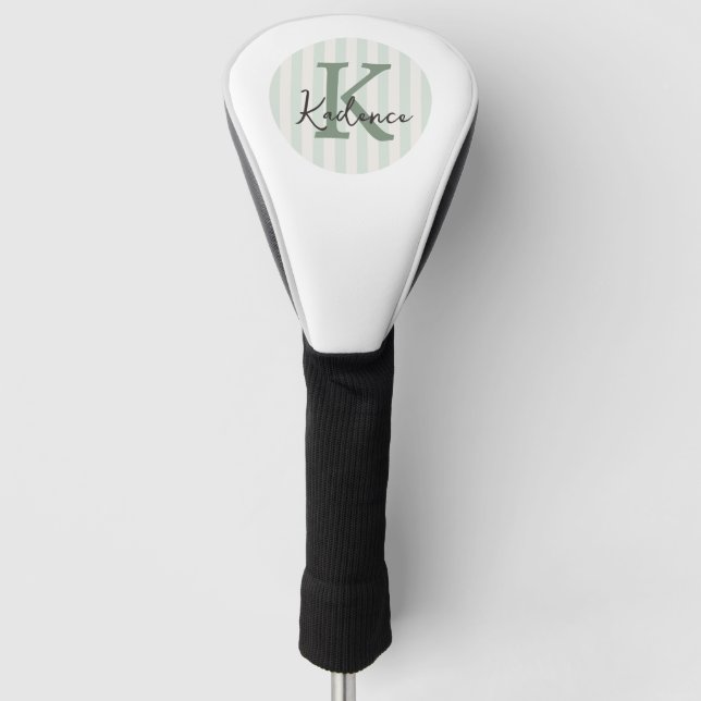 Sage Green Charcoal Custom Striped Circle Monogram Golf Head Cover (Front)