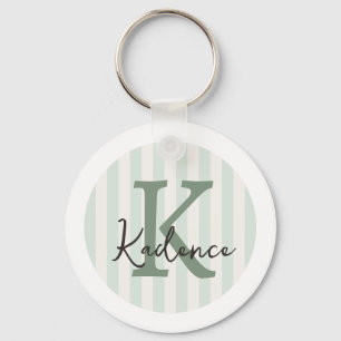 Sage Green Charcoal Custom Striped Circle Monogram Key Ring