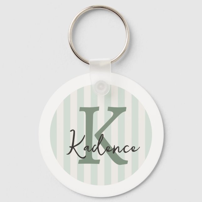 Sage Green Charcoal Custom Striped Circle Monogram Key Ring (Front)