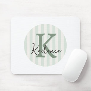 Sage Green Charcoal Custom Striped Circle Monogram Mouse Pad