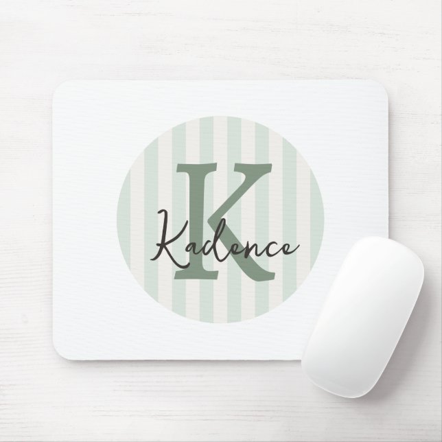Sage Green Charcoal Custom Striped Circle Monogram Mouse Pad (With Mouse)