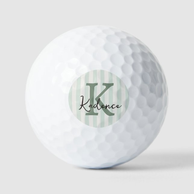 Sage Green Charcoal Striped Circle Monogram Golf Balls (Front)