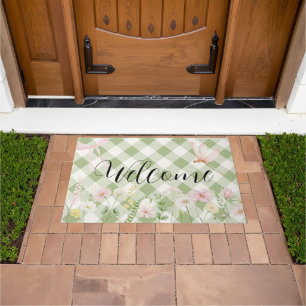 Sage Green Checkers Floral  Doormat