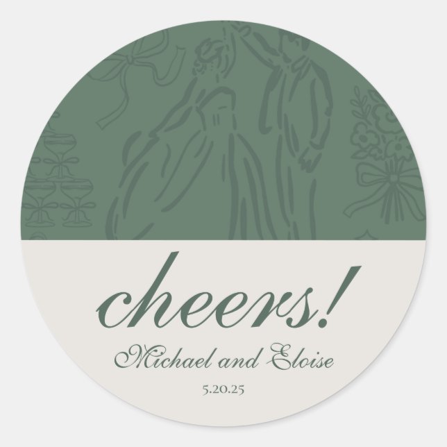 Sage Green Cheers Elegant Personalised Wedding Classic Round Sticker (Front)