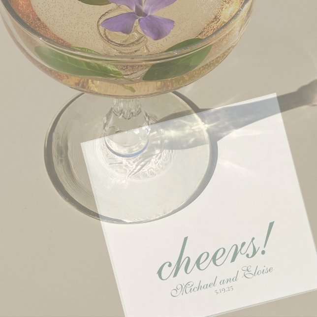 Sage Green Cheers Elegant Personalised Wedding Napkin (Modern Elegant Sage Green Wedding Suite Theme with options to personalize for your special day.)