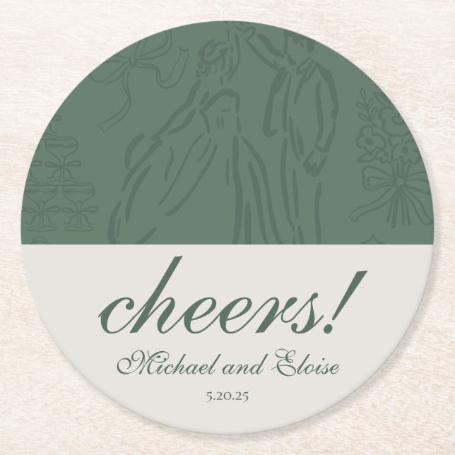 Sage Green Cheers Elegant Personalised Wedding Round Paper Coaster (Front)