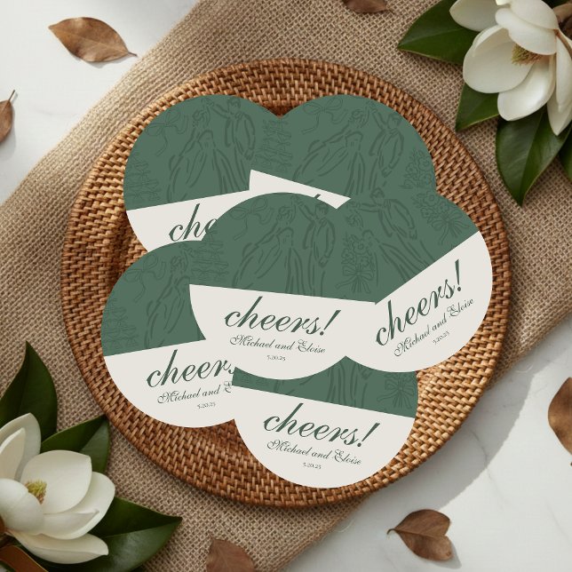 Sage Green Cheers Elegant Personalised Wedding Round Paper Coaster (Sage Green Hand Drawn Wedding Favor Round Paper Coaster)