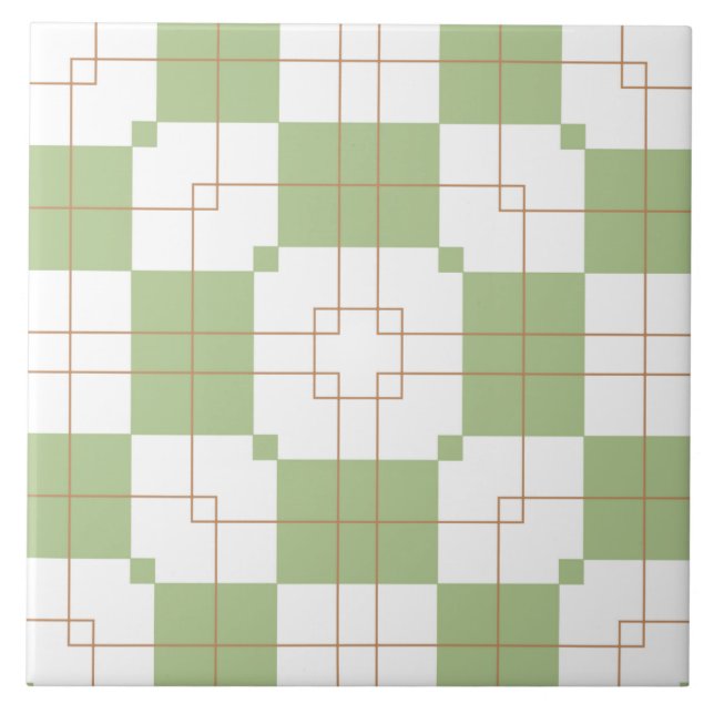 Sage Green Chequerboard Grid Pattern Ceramic Tile (Front)