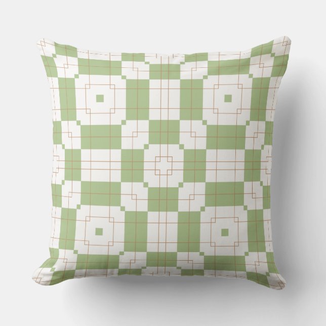 Sage Green Chequerboard Grid Pattern Cushion (Front)