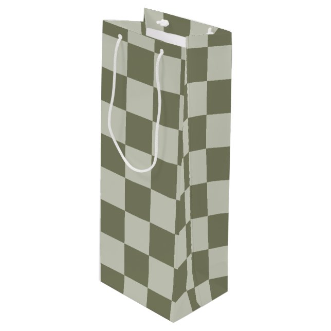 Sage Green Chequerboard Wine Gift Bag (Front Angled)
