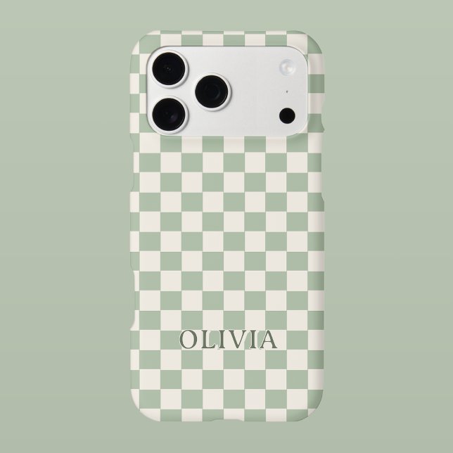 Sage Green Chequered Personalised Name  (Personalized Phone Case | Trendy Checker Pattern Design Sage Green)