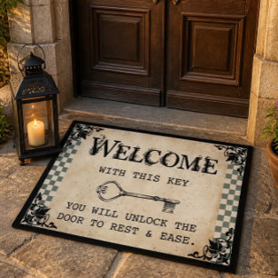 Sage Green Chequered Victorian Key Welcome Doormat