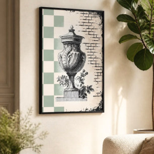 Sage Green Chequered Vintage Urn Classical Sketch Poster
