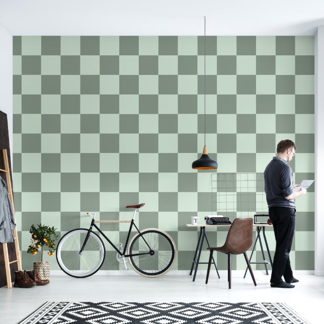 Sage Green Chequered Wallpaper (Living Room)