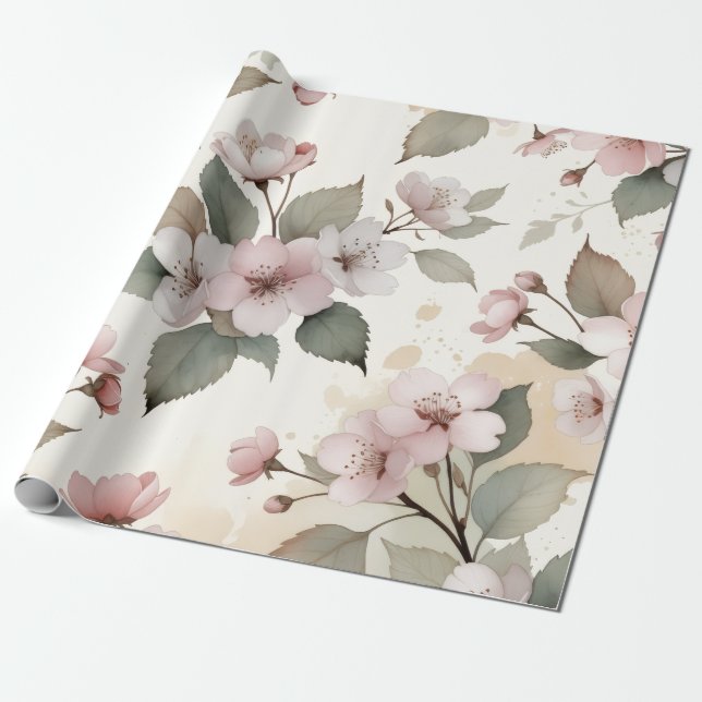 Sage Green Cherry Blossom Easter Gift Wrap (Unrolled)
