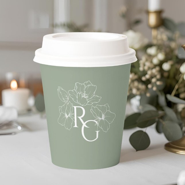 Sage Green | Chic Black Floral Monogram Wedding  Paper Cups (Creator Uploaded)