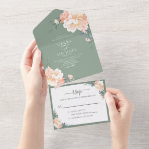 Sage Green Chic Blush Peach Floral Boho Wedding All In One Invitation