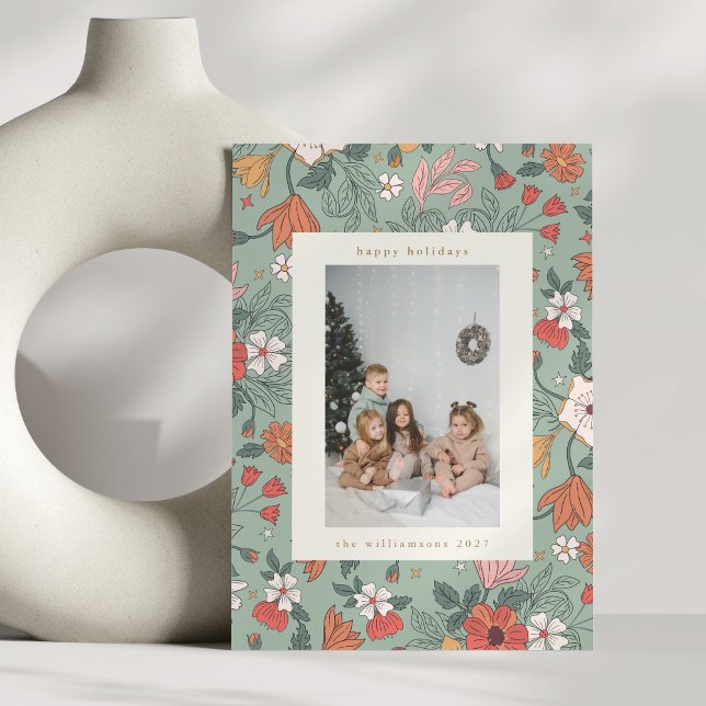 Sage Green Chic Botanical Custom Vertical Photo Holiday Card (Creator Uploaded)