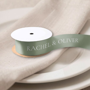 Sage Green Chic Minimal Wedding Couple Names Satin Ribbon