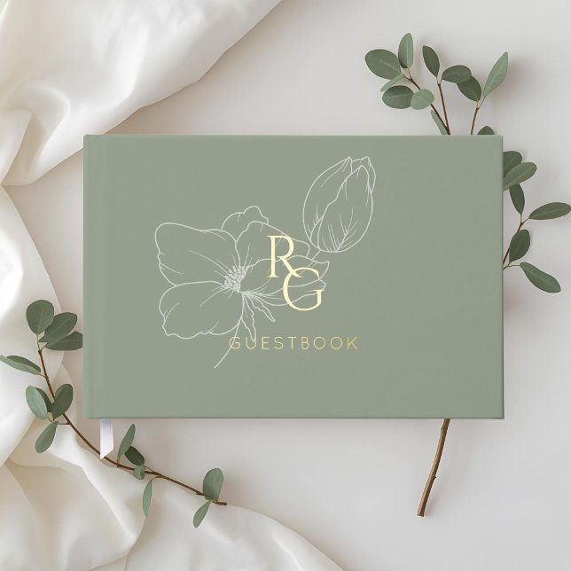 Sage Green | Chic Monogram Wedding Guest Book (Creator Uploaded)