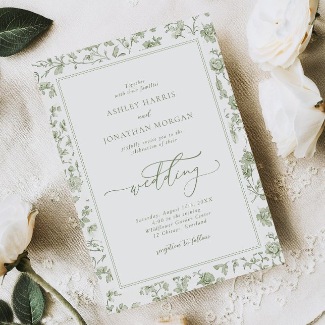 Sage Green Chinoiserie All in One Wedding Invitation (Creator Uploaded)