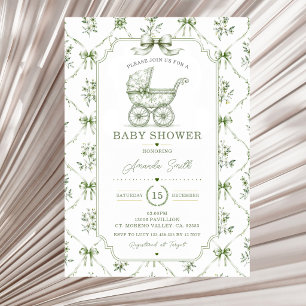 Sage Green Chinoiserie Baby Shower Carriage Floral Invitation