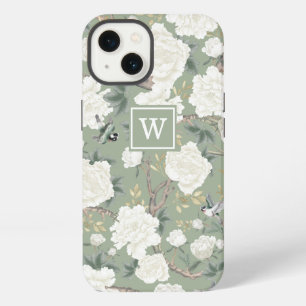 Sage Green Chinoiserie Bird Peony Garden Monogram iPhone 13 Case