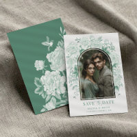 Sage Green Chinoiserie Bird Peony Save the Date