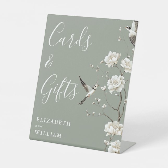 Sage Green Chinoiserie Cards And Gifts Wedding Pedestal Sign (Front)