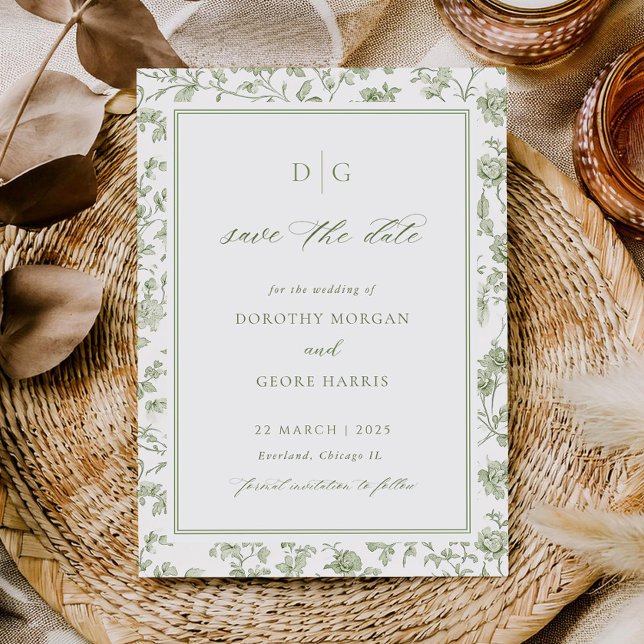 Sage Green Chinoiserie Flat Save The Date Card (Creator Uploaded)