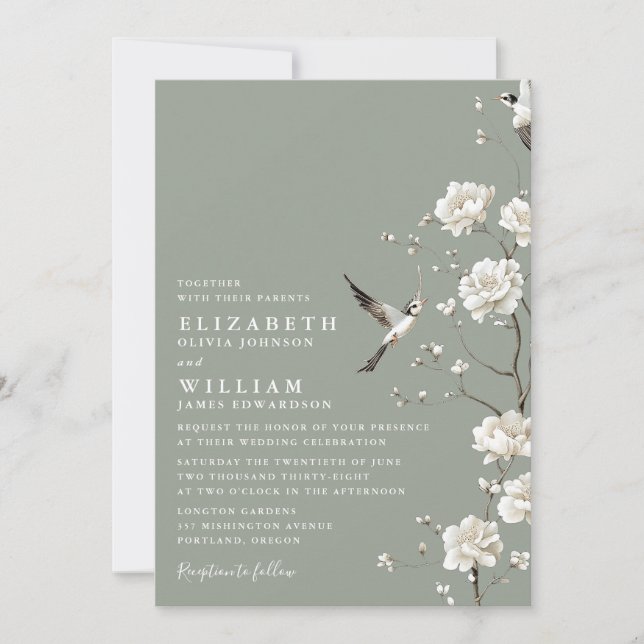 Sage Green Chinoiserie Floral All In One Wedding Invitation (Front)