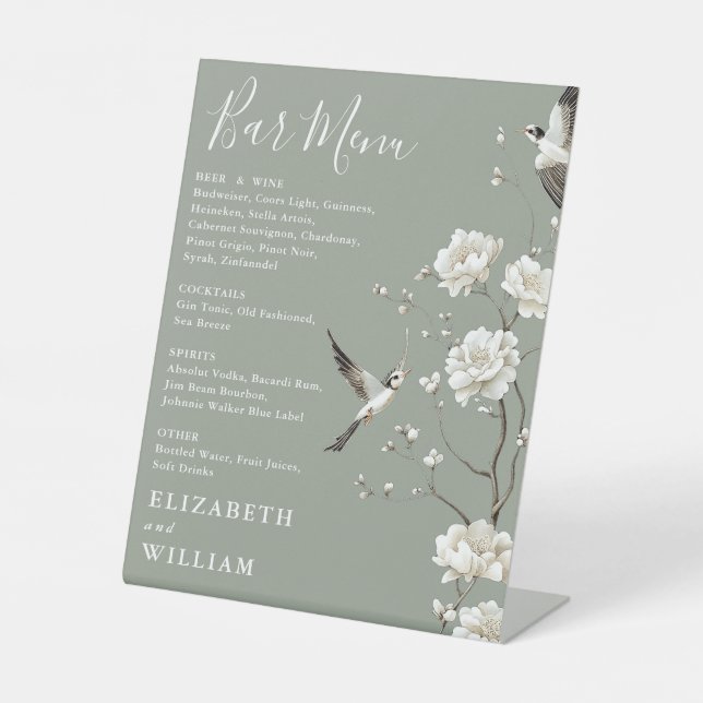 Sage Green Chinoiserie Floral Bar Menu Wedding Pedestal Sign (Front)