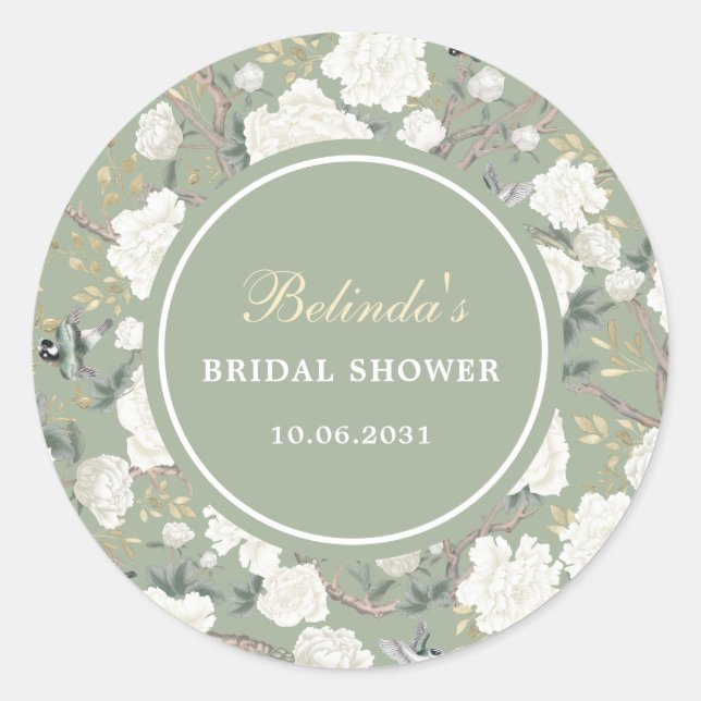 Sage Green Chinoiserie Floral Bridal Shower Classic Round Sticker (Front)