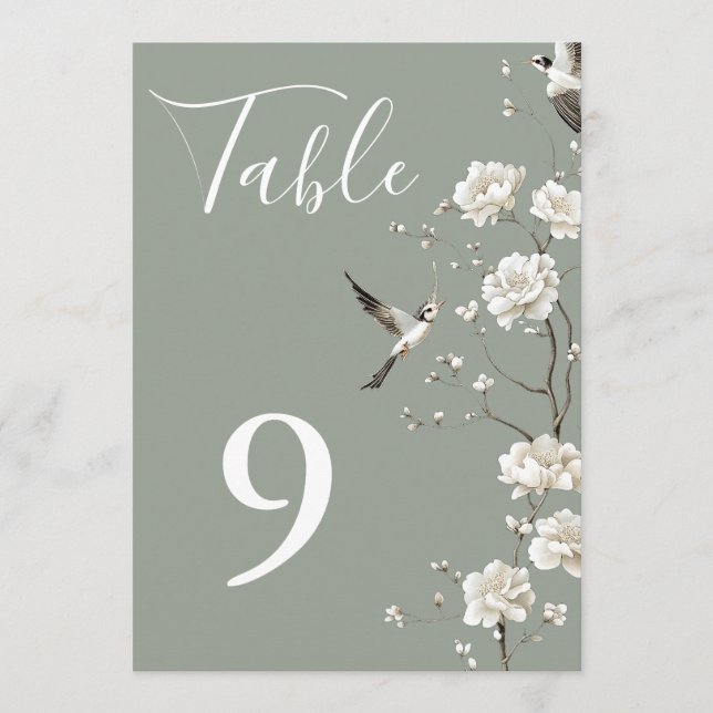 Sage Green Chinoiserie Floral Garden Table Numbers (Front)