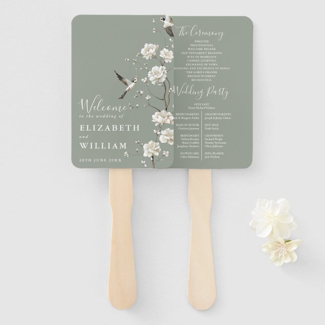 Sage Green Chinoiserie Floral Wedding Program Hand Fan (Front and Back)
