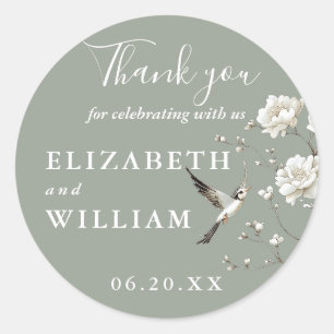 Sage Green Chinoiserie Floral Wedding Thank You Classic Round Sticker