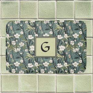 Sage Green Chinoiserie Floral White Initial  Bath Mat