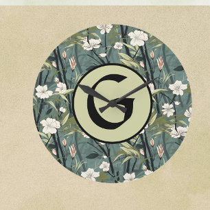 Sage Green Chinoiserie Floral White Initial  Large Clock