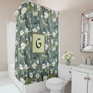 Sage Green Chinoiserie Floral White Initial Shower Curtain