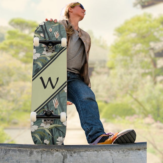 Sage Green Chinoiserie Floral White Initial  Skateboard (Creator Uploaded)